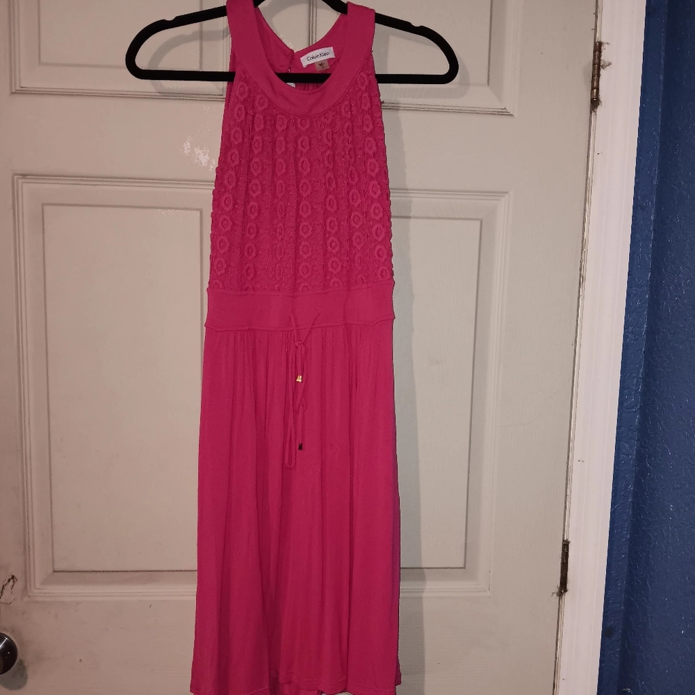 Euc Calvin Klein Sz 8 Pink Knee Length W Lace Detail Dress Keyhole Back